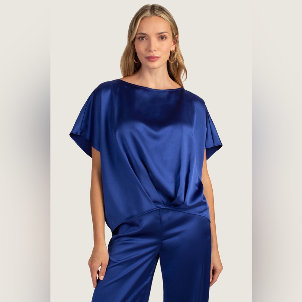 Trina Turk Pastilla Blue Satin Twist Front Dolman Blouse Top Size Small